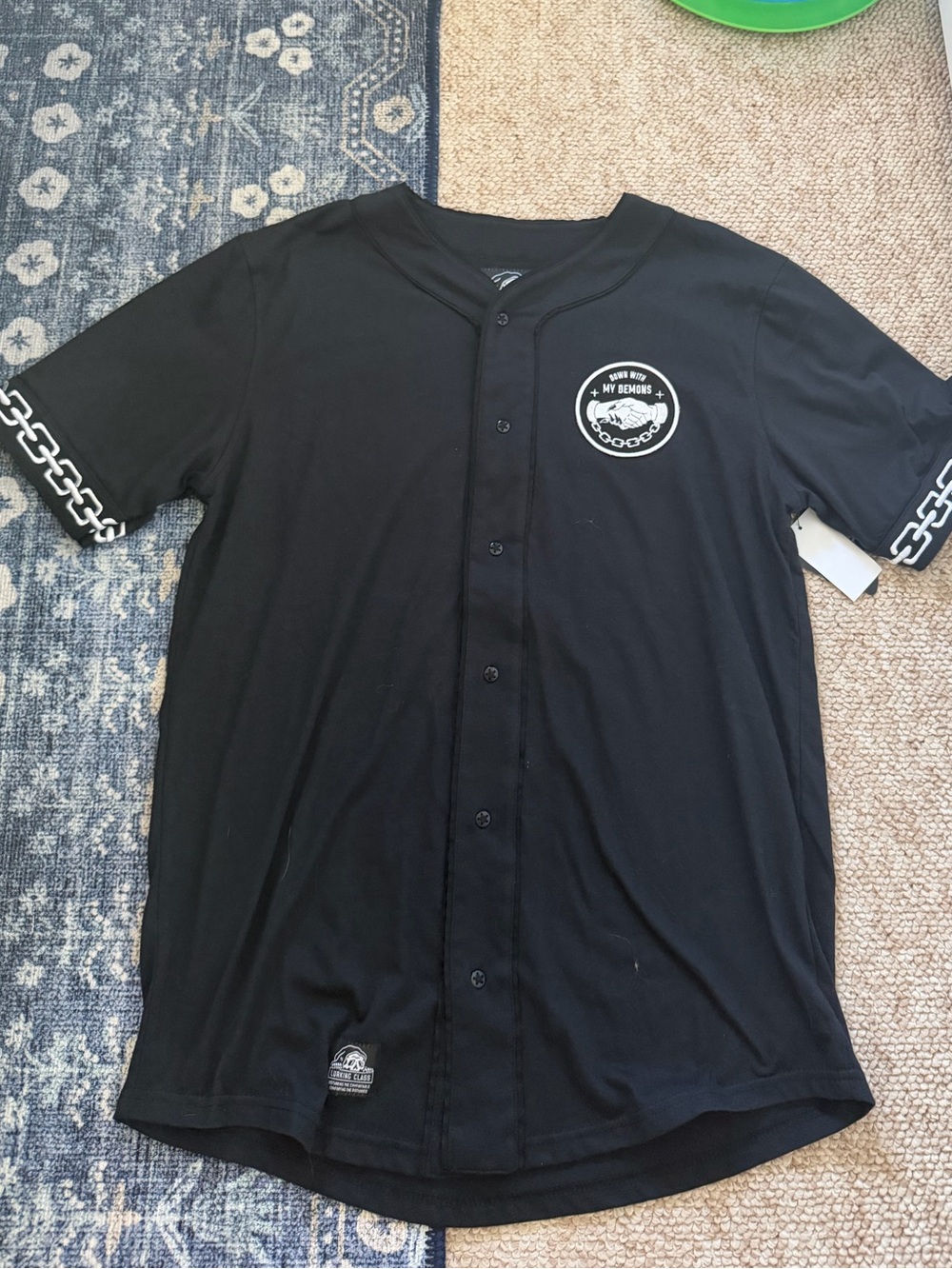 Lurking Class Black Short-Sleeve Button Baseball Shirt with Chain Detail